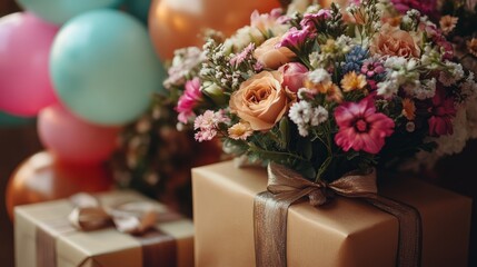 A bouquet of flowers sits on a wrapped gift box with balloons behind.