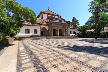 Fototapeta premium A detailed view of Azorean architecture, with traditional blue-tiled facades and intricate stonework