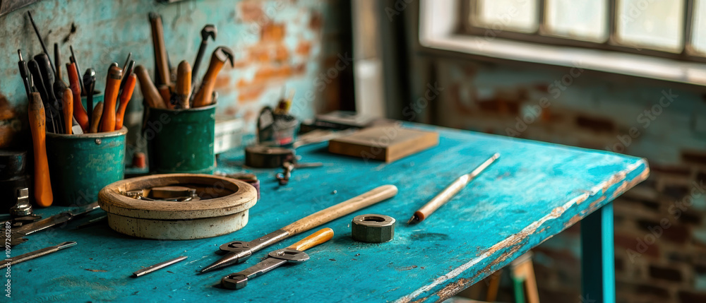 Poster equipment workshop background concept. a rustic workspace featuring a vibrant blue table with variou