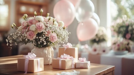 A bouquet of pink roses and white baby's breath in a vase, with wrapped presents and balloons in the background.
