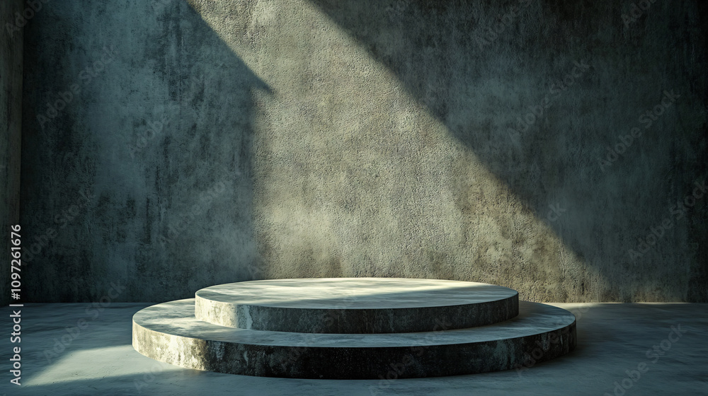 Poster Dark empty room with dramatic lighting and a round concrete podium, creating a mysterious and moody atmosphere, ideal for product displays