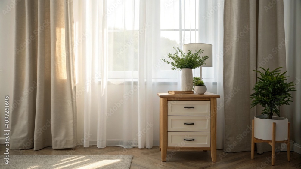 Poster soft natural light filters through curtains illuminating the uncluttered surfaces which include a si