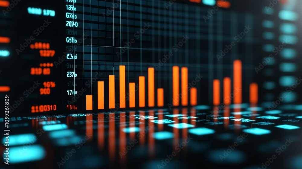 Poster a close up of a digital display showing a bar graph with orange bars rising on a blue and black back