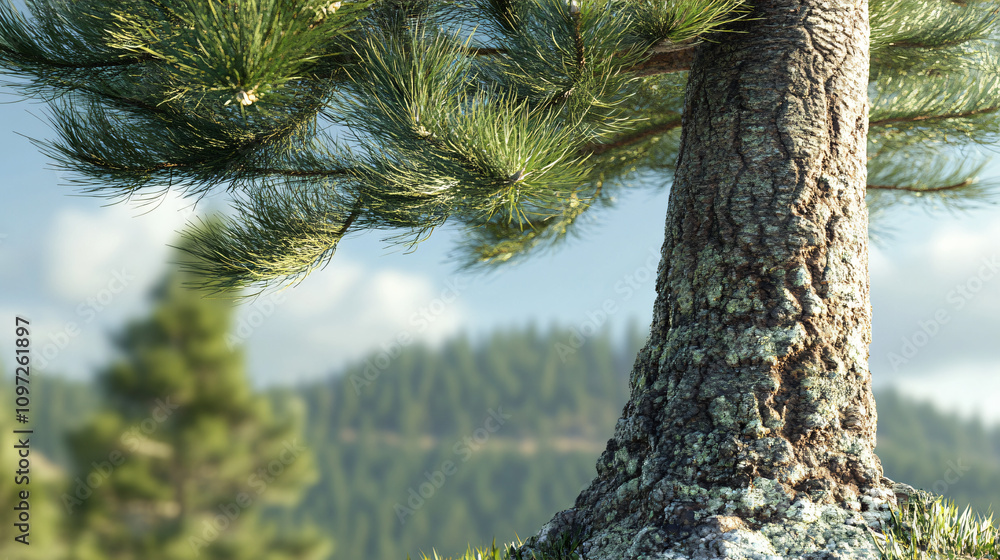 Poster Pine tree trunk and needles in close-up, with a hazy mountain forest in the background against a cloudy sky