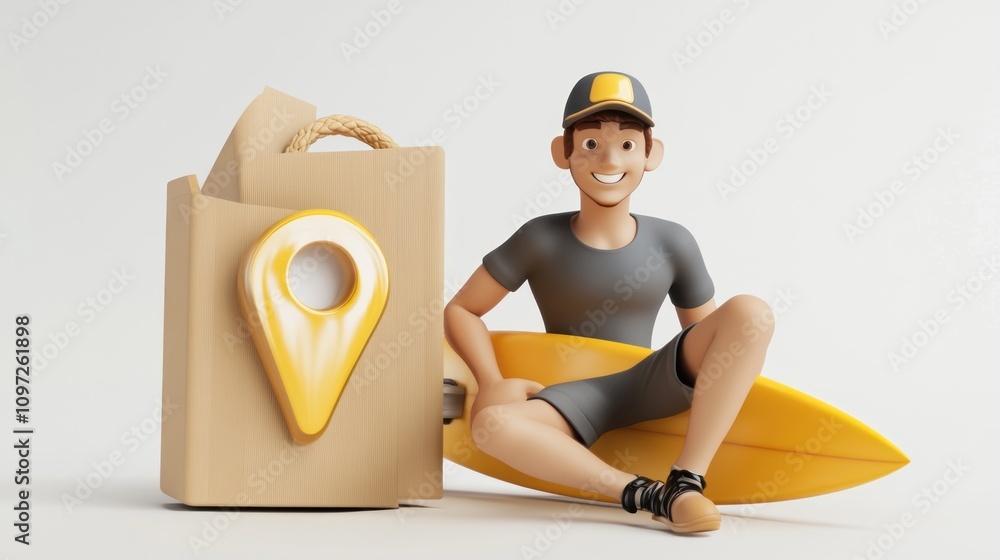 Poster a cheerful character with a surfboard next to a shopping bag and location pin.
