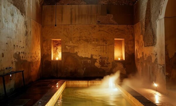 A well lit Roman bathhouse room, empty small