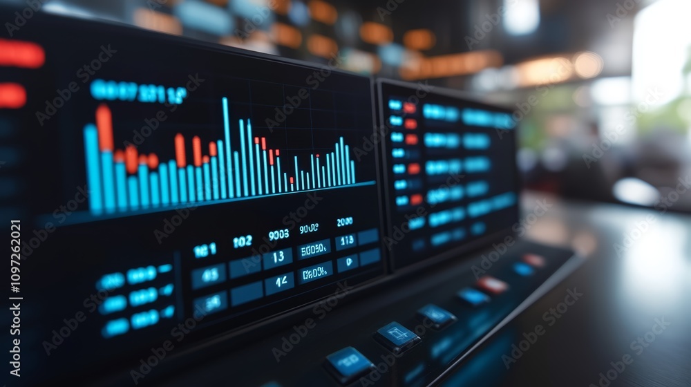 Poster a close-up of a financial data screen showing stock market charts and data.