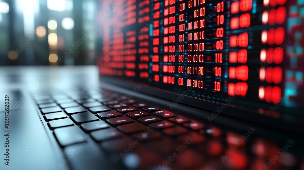 Poster a close-up of a laptop screen displaying a stock market ticker with red numbers, indicating a declin