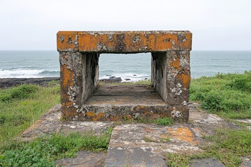 A haunting view of an abandoned lighthouse on the cliffs of Faial Island, surrounded by crashing waves and eerie mist