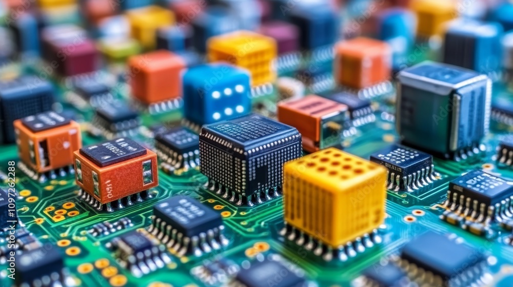 Poster a close-up view of colorful electronic components on a circuit board.