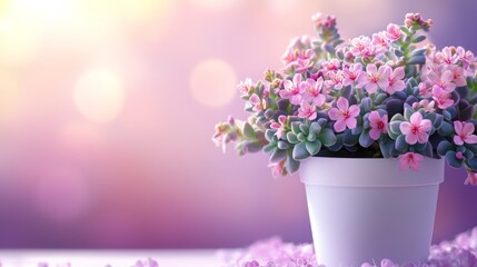 Fototapeta premium A close-up shot of pink succulent flowers blooming in a white pot with a purple bokeh background.