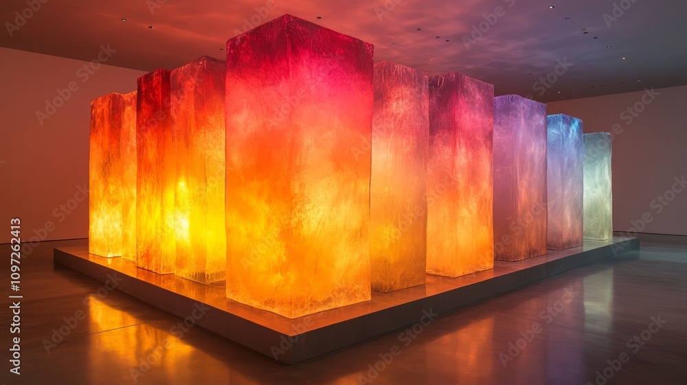 Aufkleber a colorful light installation of rectangular prisms in a modern gallery.