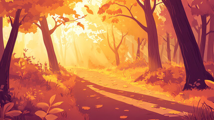 An enchanting autumnal scene featuring a forest path bathed in the golden hues of fall. Golden Forest Trail. Illustration