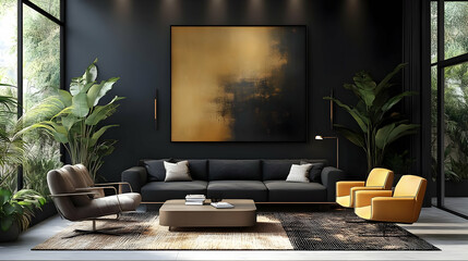 Abstract Gold Black Living Room 3D Illustration