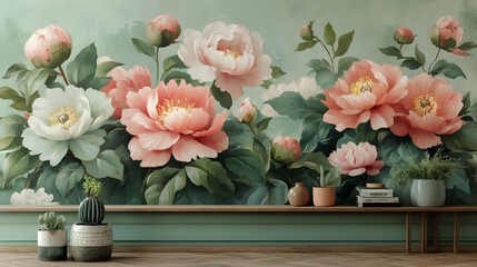 Floral Wallpaper Mural, Pastel Peonies Illustration