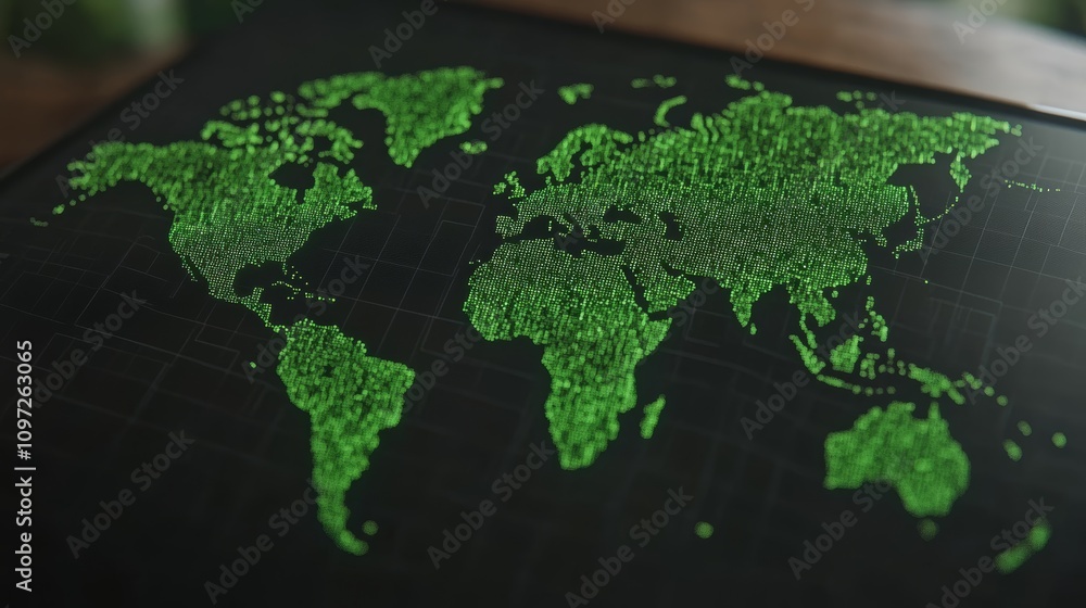 Poster a digital green world map on a black background with a grid pattern.