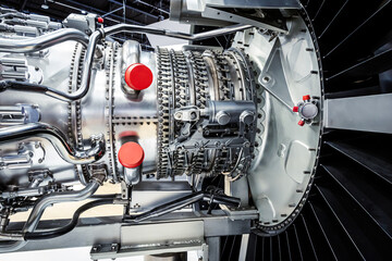 Large modern airliner aircraft engine mechanics close-up.