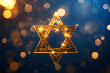 Magen David - Star of David. Shield of David on the blue blurry background with copy space.  Hanukkah, Rosh Hashanah, Yom Kippur, Sukkot, Purim, Passover, Bar Mitzvah, Bat Mitzvah