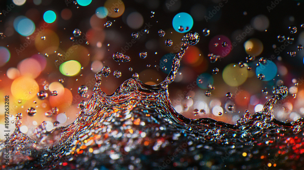 Fototapete Captivating visual effect of dynamic water splash on a vibrant bokeh background with frozen droplets in motion
