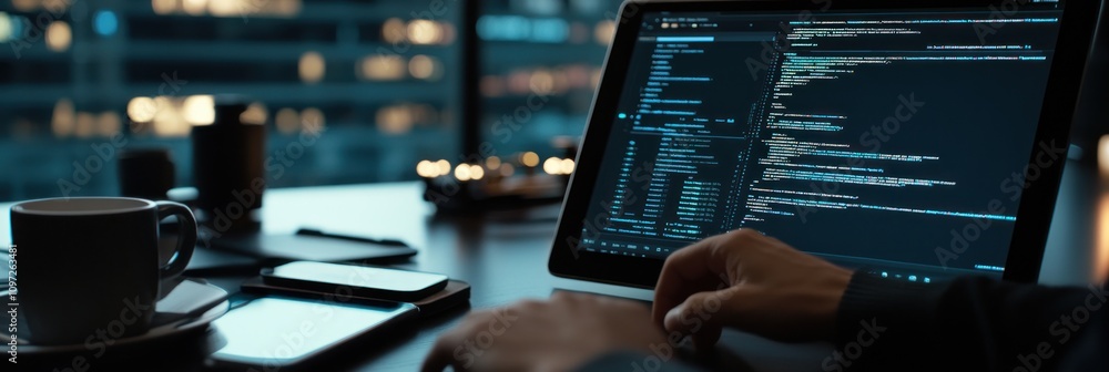 Poster closeup of a programmer's hands typing code on a laptop at night with a cup of coffee and a phone on
