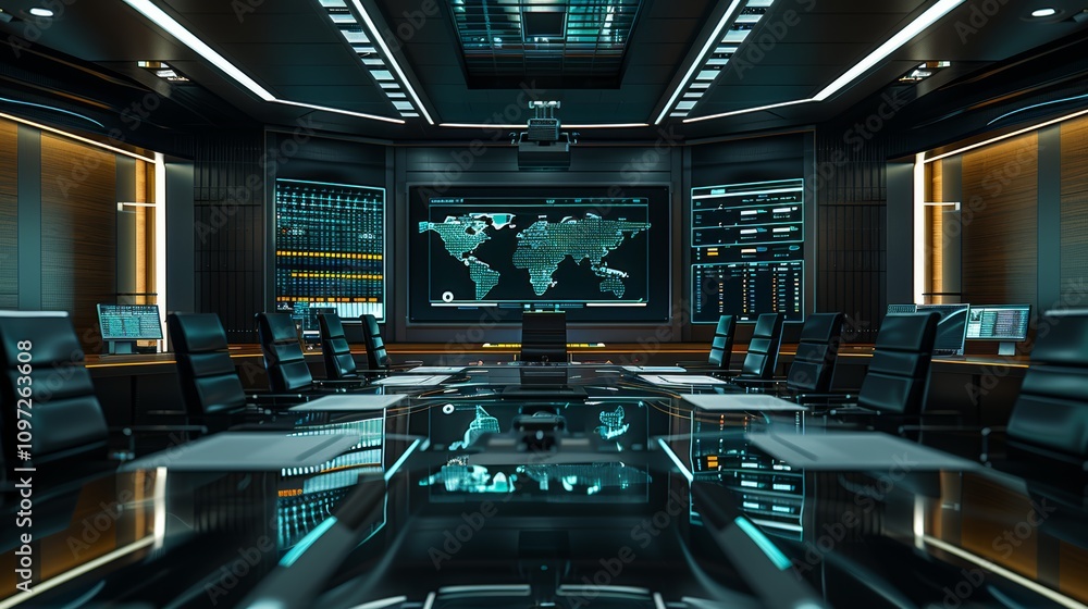 Poster a futuristic conference room with a large screen displaying a world map, multiple monitors, and a lo