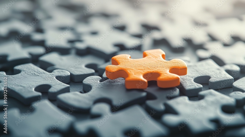 Poster single orange puzzle piece on dark background, symbolizing uniqueness and importance in a complex pu