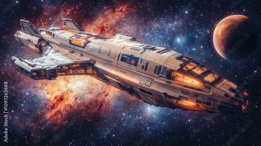 Poster a futuristic spaceship with glowing windows flies past a red planet in a nebula.