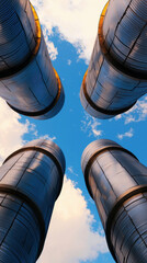 Obraz premium Data Flow Pipeline Integration Concept. A low-angle view of four metallic cylindrical structures against a bright blue sky with scattered clouds.