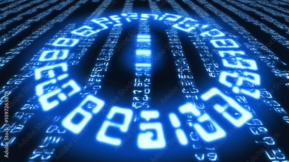 Poster a glowing blue ring of code on a black background with a digital pattern.