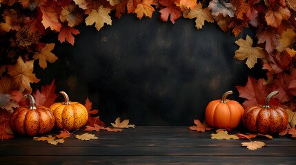 Autumn Leaves and Pumpkins on Dark Wood Background Illustration
