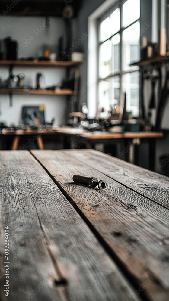 Poster equipment workshop background concept. a rustic workbench with a single tool on the surface, set aga
