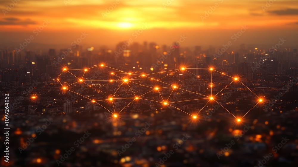 Poster a glowing network of connected dots and lines against a blurred cityscape with a setting sun.