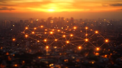 A glowing network of connected dots and lines against a blurred cityscape with a setting sun.