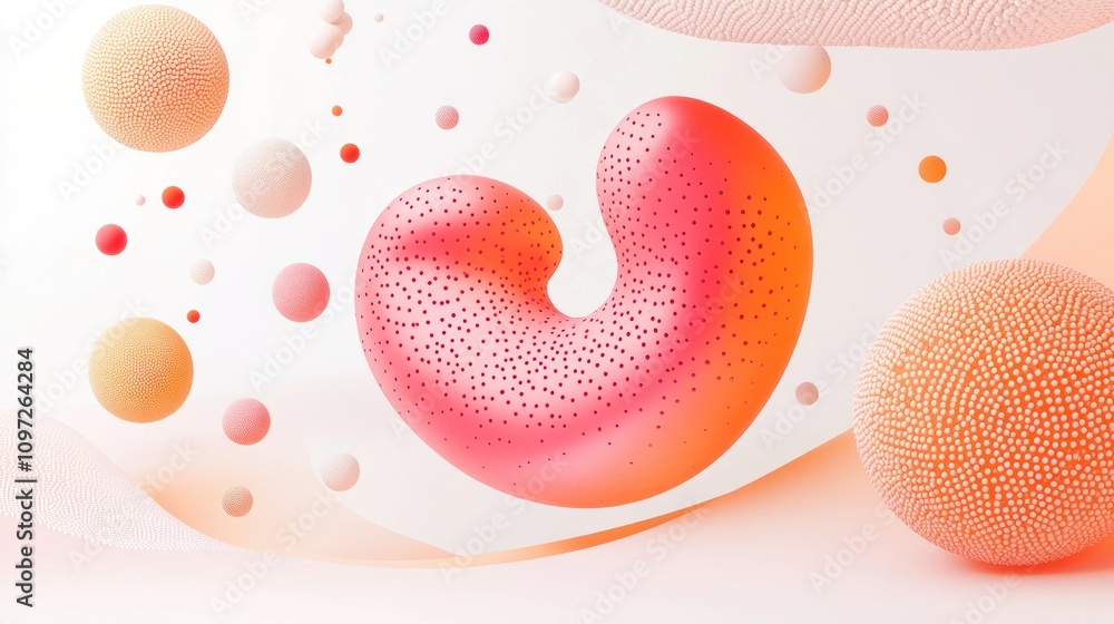 Poster abstract design featuring colorful organic shapes and spheres in a soft gradient background.