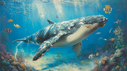 Majestic humpback whale glides through a vibrant coral reef, surrounded by colorful tropical fish, creating a breathtaking underwater scene