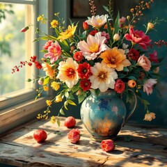 Delicate flowers in a vase, bathed in sunlight, on a wooden table. Close-up.