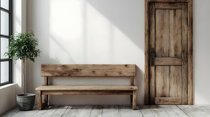 Rustic Wooden Bench and Door Interior Design Illustration