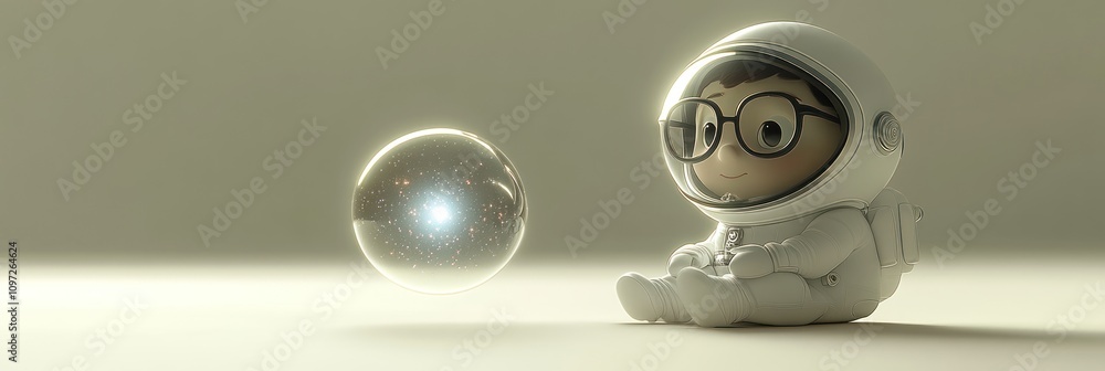 Aufkleber a cute astronaut character gazes at a glowing bubble in a minimalist setting.