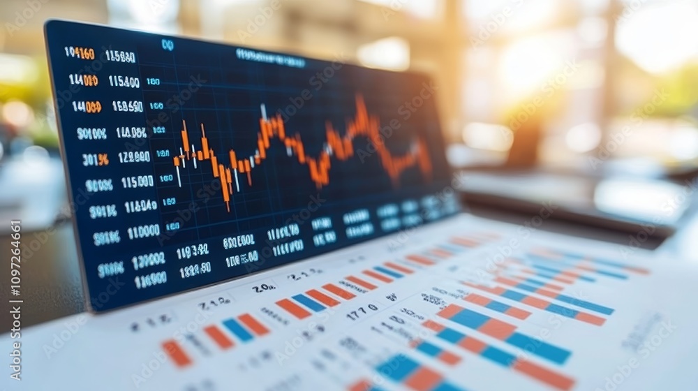 Poster a laptop screen displaying a stock market chart with an orange line representing the trend, next to 