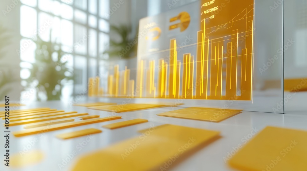 Poster A futuristic workspace displaying data visualizations and analytics on a transparent screen.