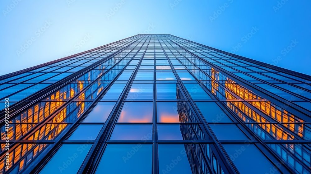 Poster a low angle view of a skyscraper with reflections of the sunset in the windows.