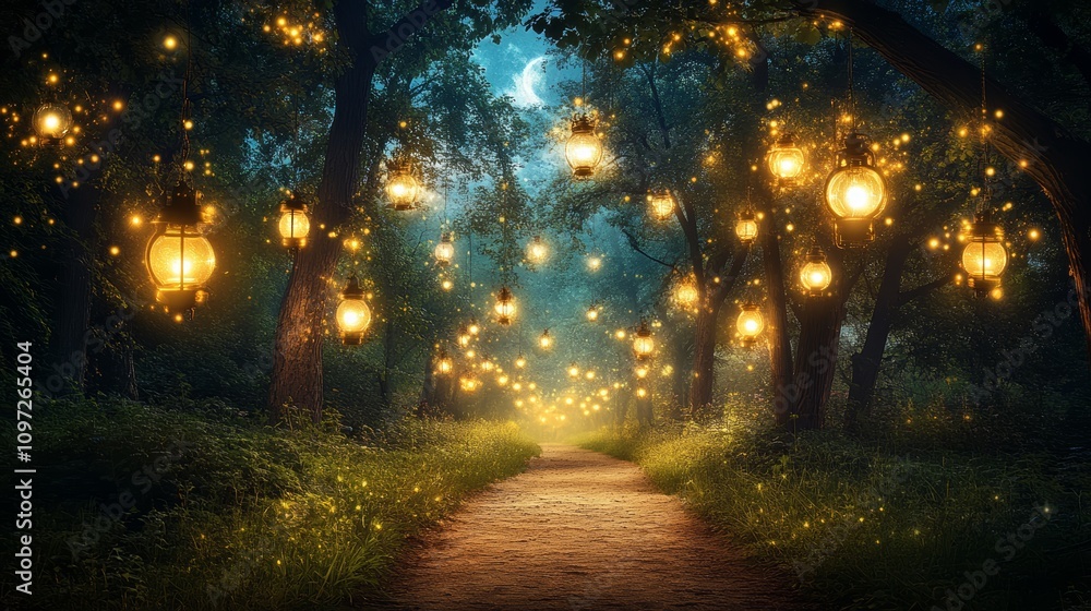 Poster a magical pathway through a moonlit forest, adorned with glowing lanterns, creating an ethereal ambi