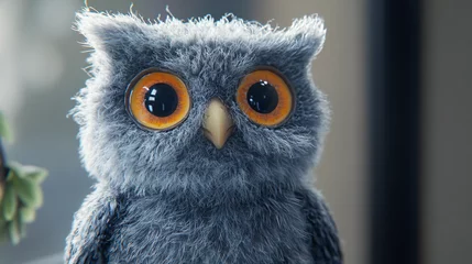 Fototapeten Close-up of a cute, fluffy gray owl with large, captivating orange eyes, creating a charming and whimsical scene © Michael