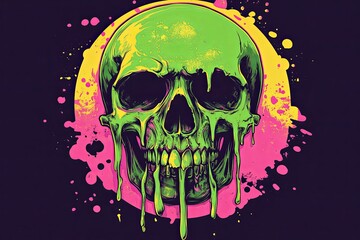 Melted green skull in vibrant neon pink and yellow paint splatters.