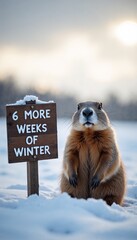 Groundhog standing next to rustic sign about winter in snowy field with soft sunlight