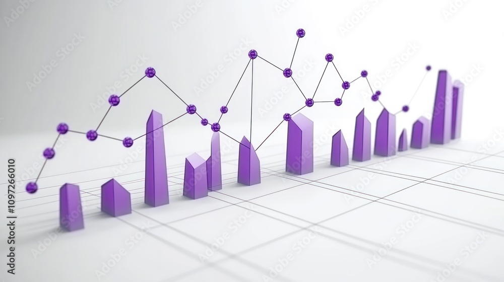 Poster A purple 3D bar chart with a connected line graph showing growth and trend over time on a white background.