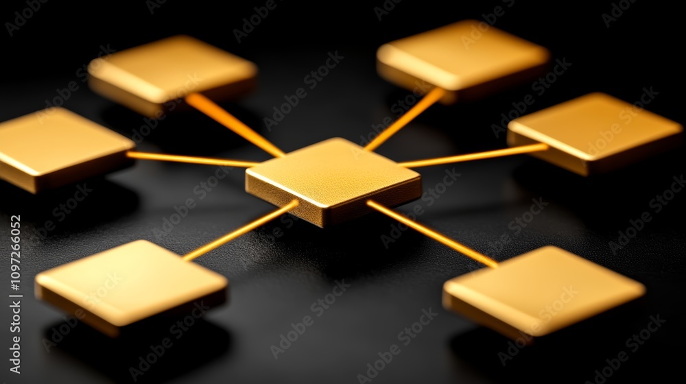 Poster a network of six golden square blocks connected by thin gold lines on a black background.