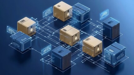 A network of cardboard boxes connected by digital lines, representing the flow of goods in a supply chain or e-commerce environment.