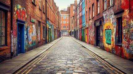 Fototapeta premium A narrow cobblestone street lined with colorful graffiti-covered buildings.