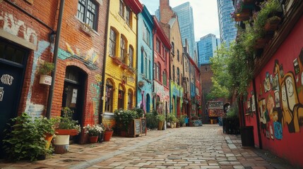 Obraz premium A narrow cobblestone street lined with brightly colored buildings and graffiti art in a vibrant city neighborhood.